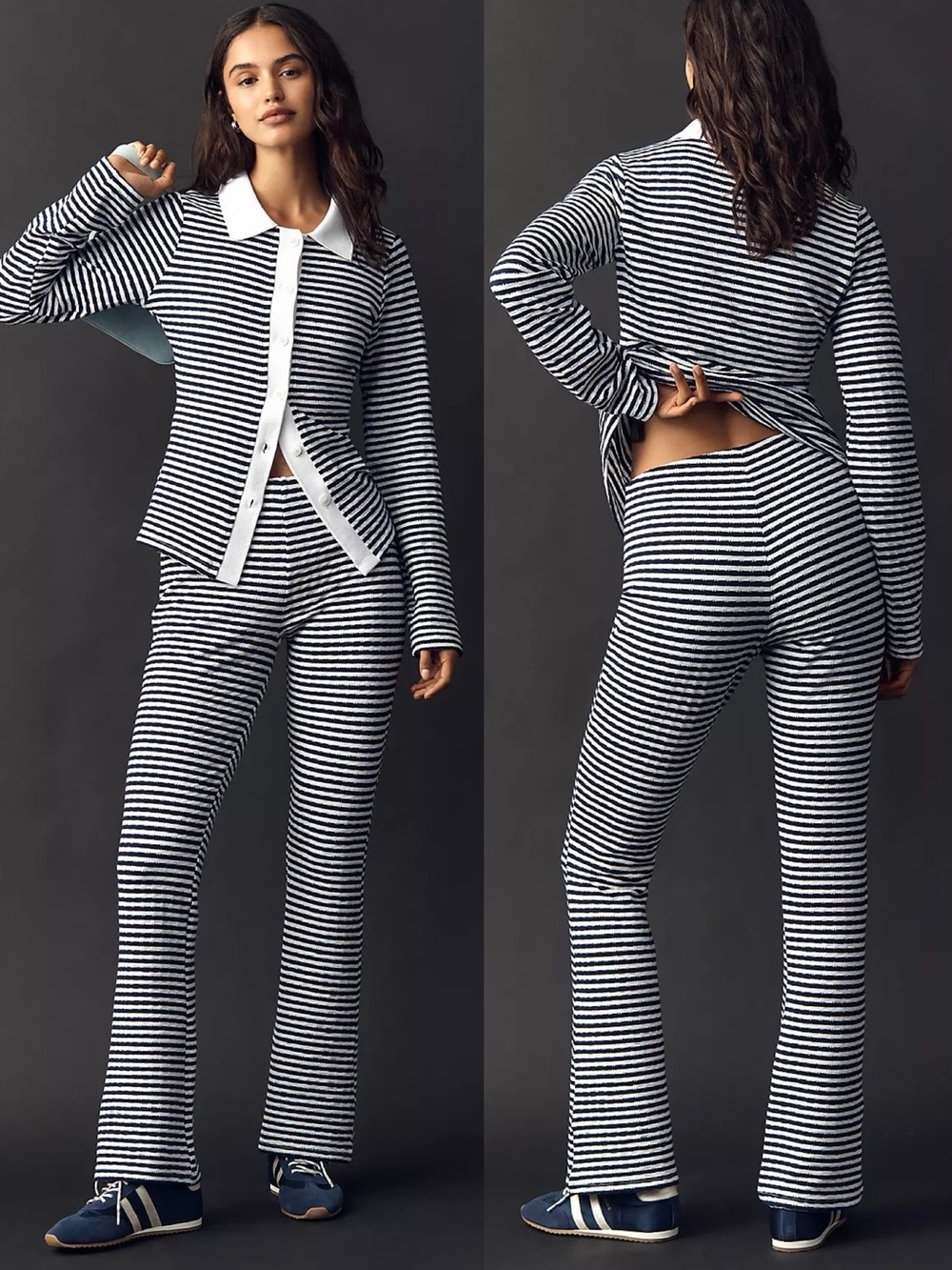 Anthropologie Maeve Knit Stripe Flare Pant Long Sleeve Collared Two Piece Set